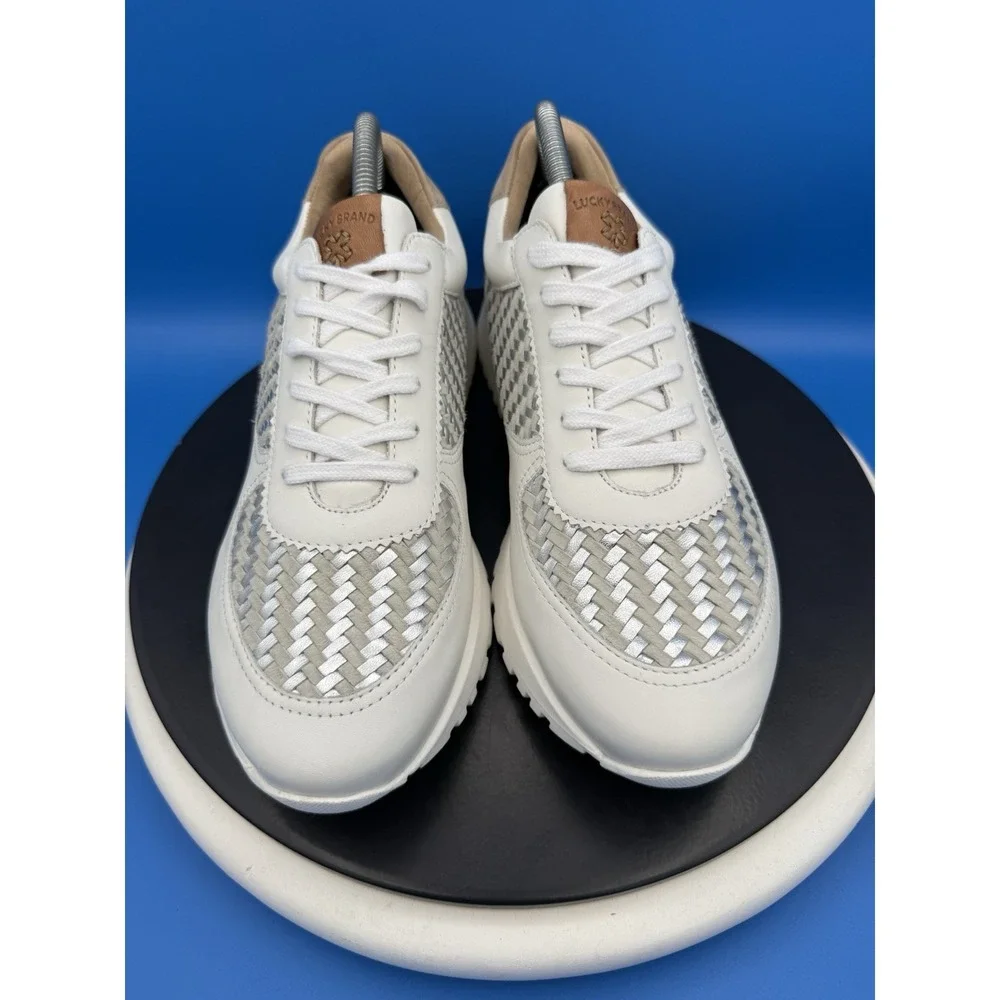 Lucky Brand Deva Womens 9.5M Woven White Silver Leather Sneakers Shoes NEW